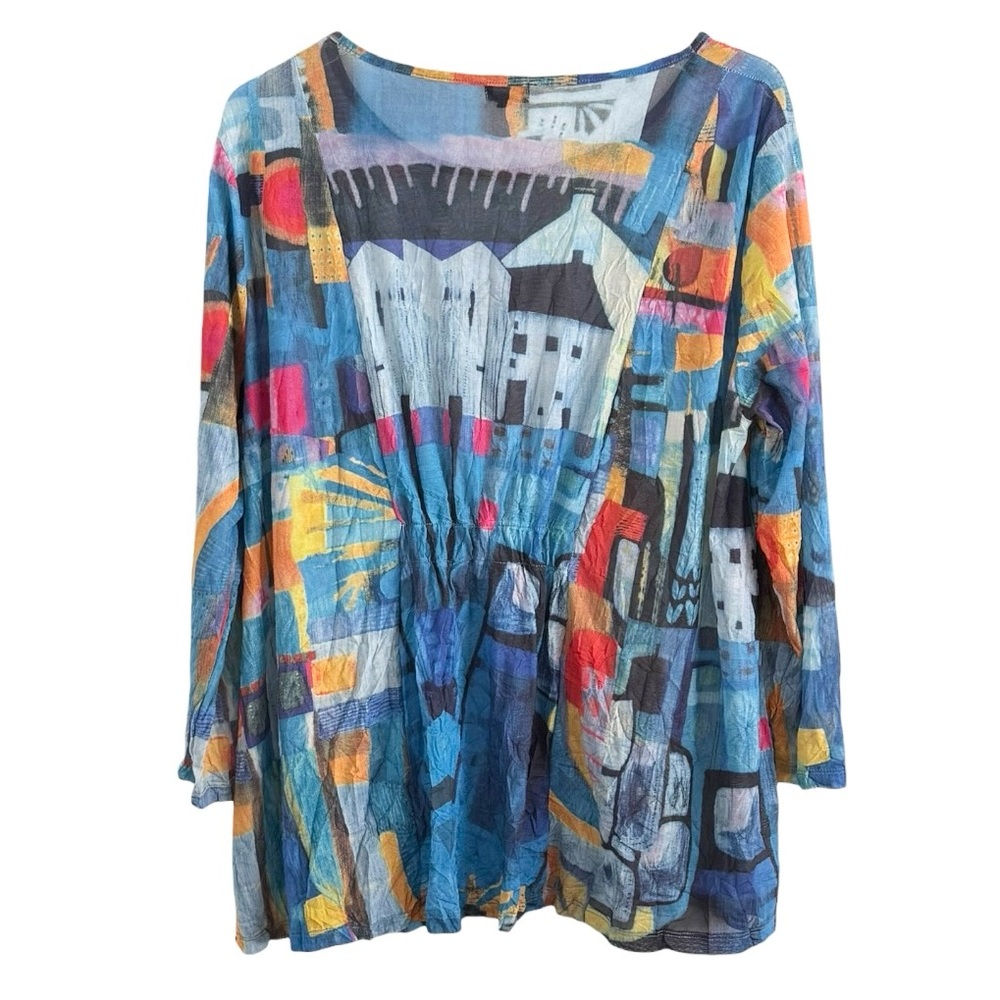 SHANA Lightweight Abstract Print Long-Sleeve Tunic Top - Blue Mix, Medium - Picture 3 of 7